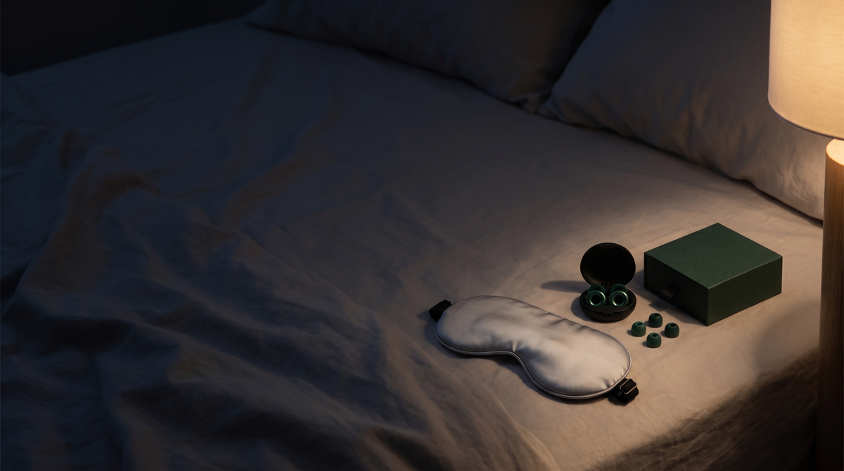 Silensea earplugs and cooling sleep mask on linen bedding in a dark bedroom at night