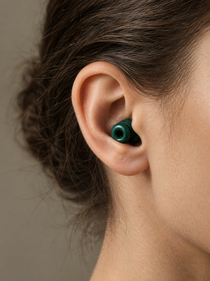 Close-up of a Silensea earplug in Forest Green worn in the ear, sitting flush against the ear