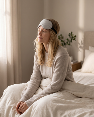 Silensea cooling sleep mask pushed up onto the forehead after waking, showing the adjustable strap