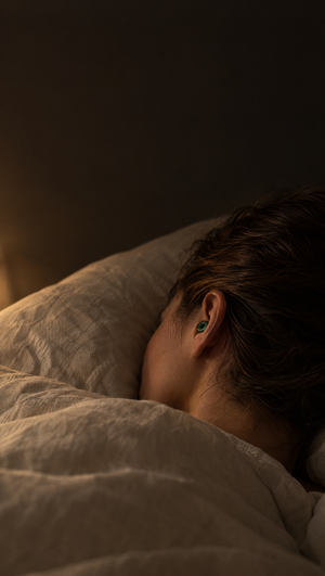 Silensea earplug in Forest Green worn in the ear while sleeping in a dark bedroom
