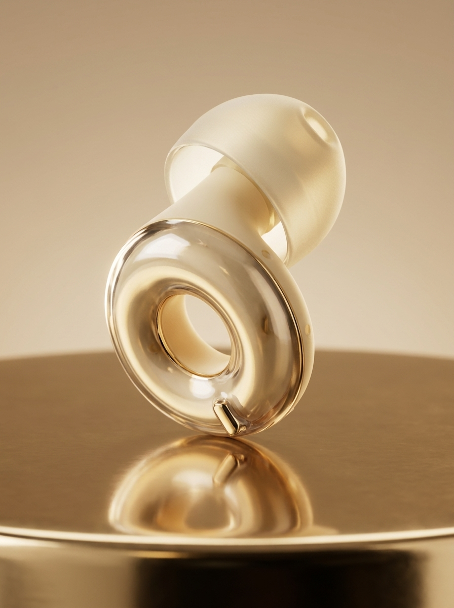 Single Silensea earplug in Brushed Gold on a polished brass surface