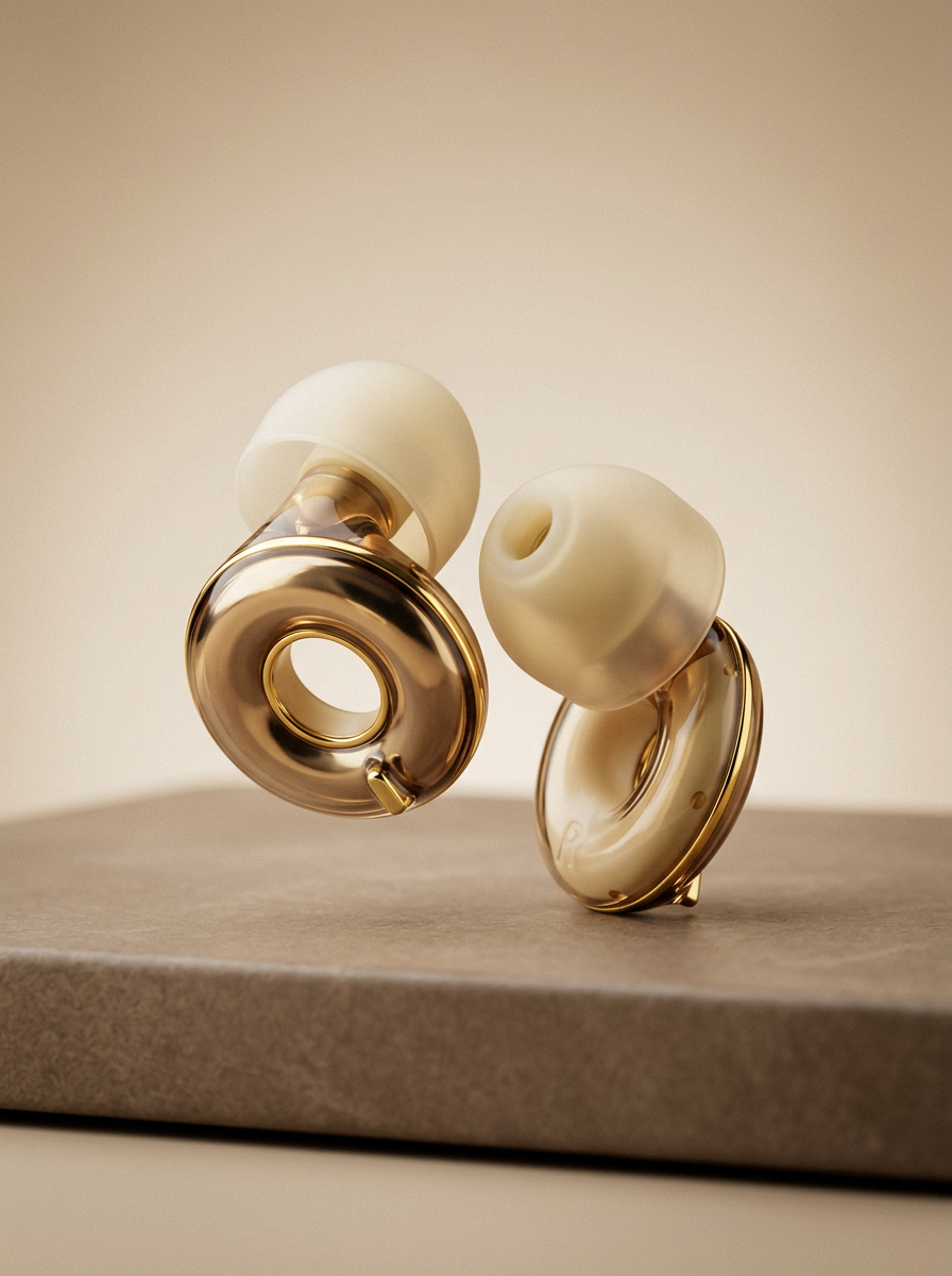 Pair of Silensea earplugs in Brushed Gold on stone