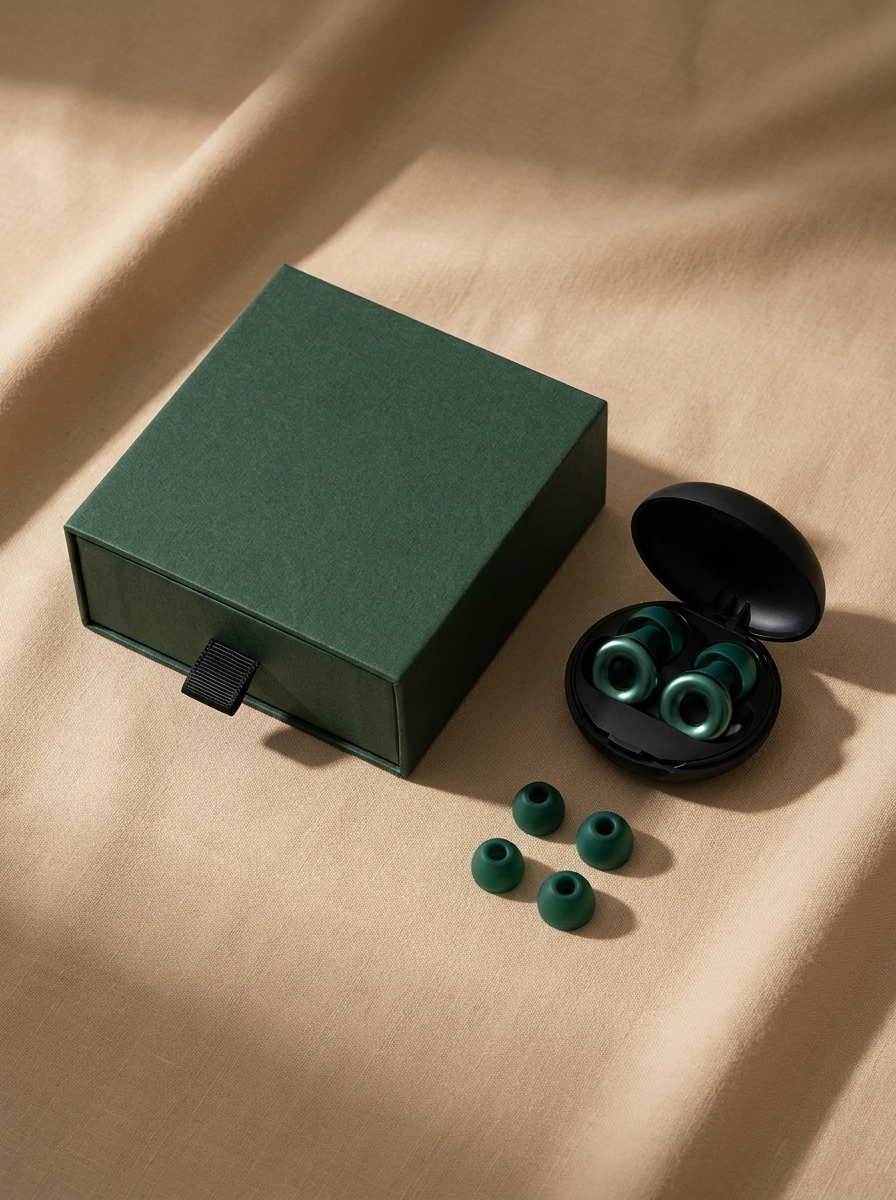 Silensea adjustable earplugs in Forest Green with storage case and spare ear tips
