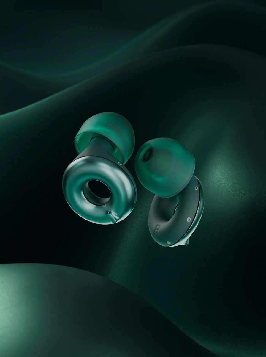 Pair of Silensea earplugs in Forest Green on green silk
