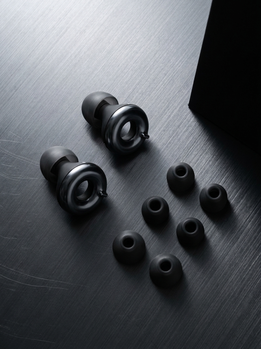 Pair of Silensea earplugs in Midnight Black on dark wood with spare ear tips
