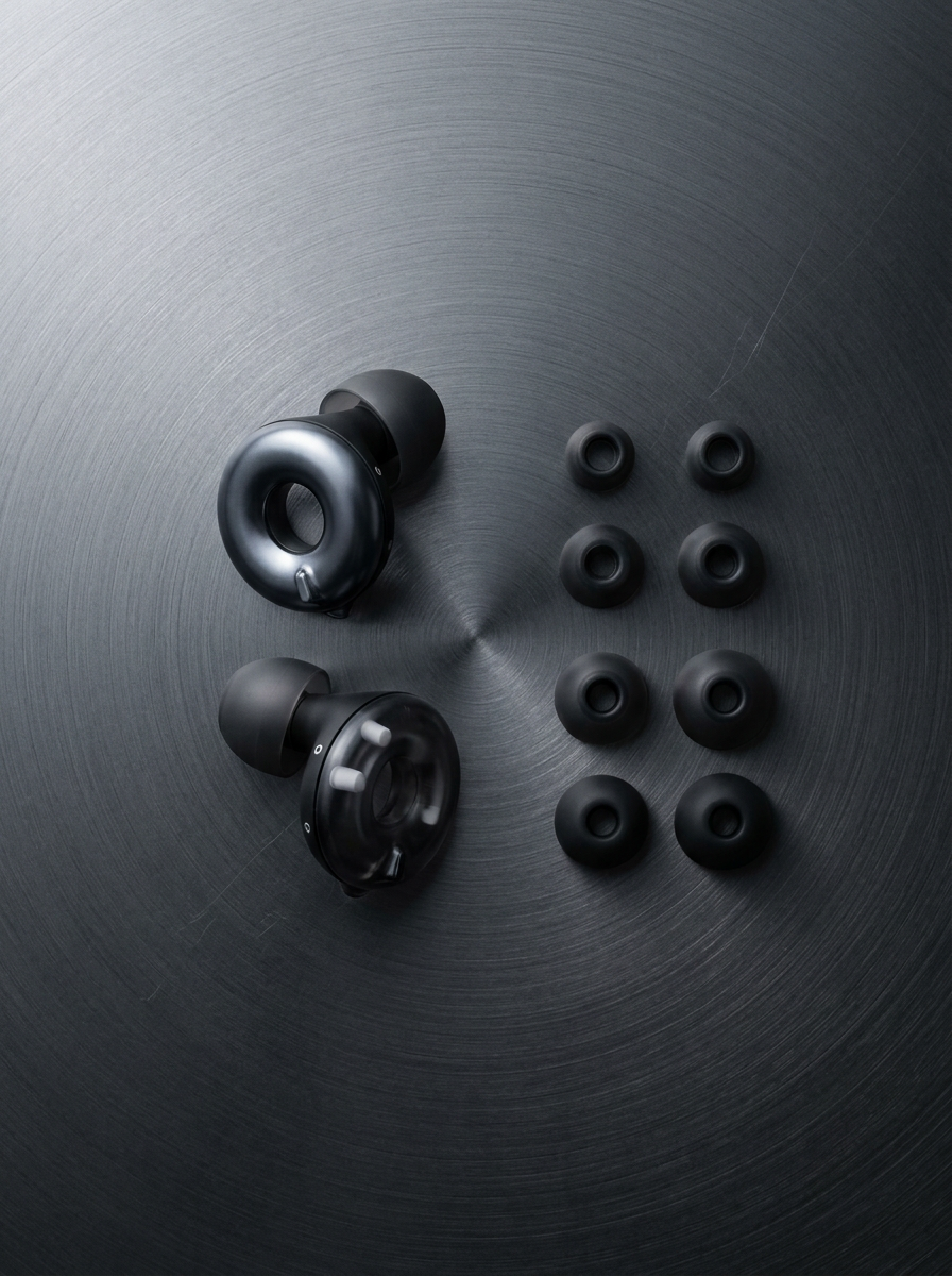 Overhead view of Silensea earplugs in Midnight Black with spare ear tips in three sizes