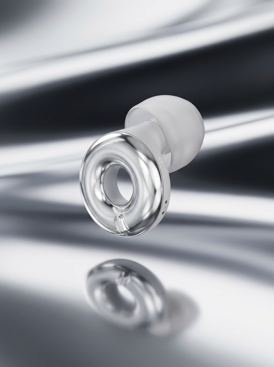 Close-up of a Silensea earplug in Moonlight Silver showing the clear ring body and silicone tip
