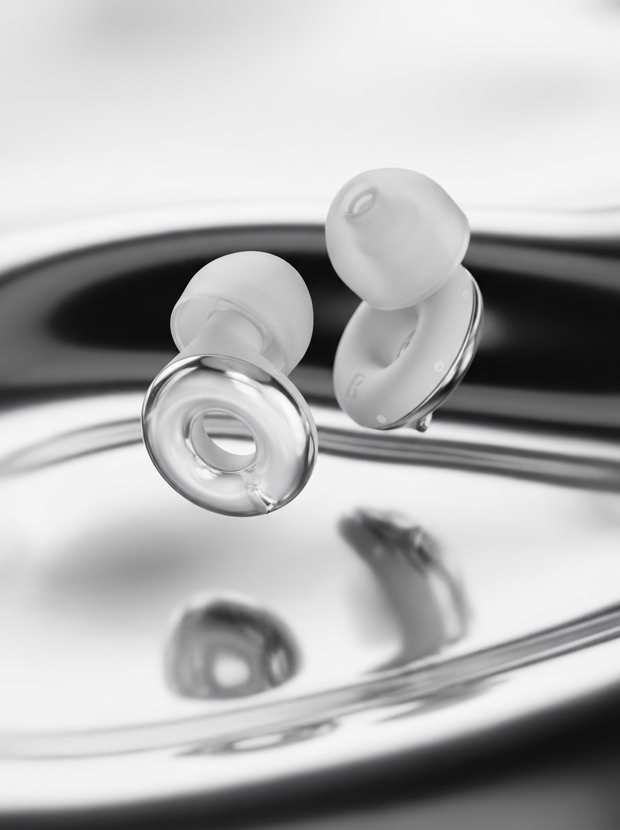 Pair of Silensea earplugs in Moonlight Silver above a liquid metal surface