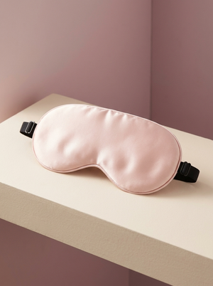 Silensea cooling sleep mask in Blush Pink on a pale plinth