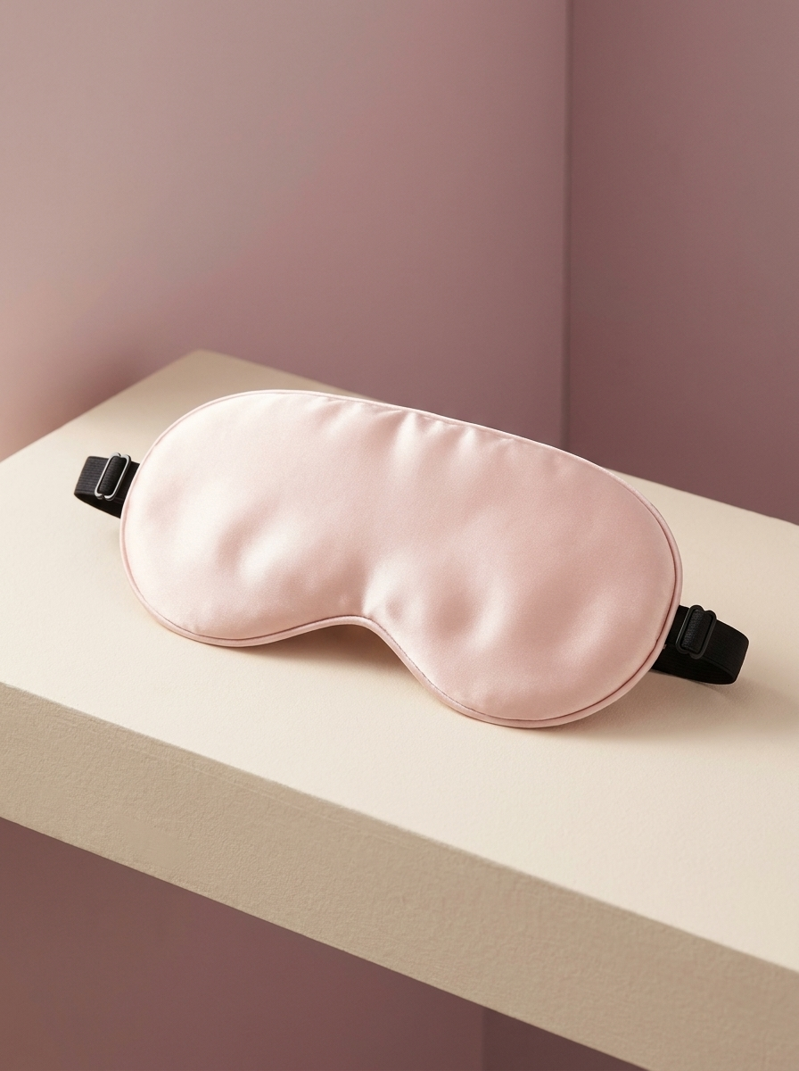 Silensea cooling sleep mask in Blush Pink on a pale plinth