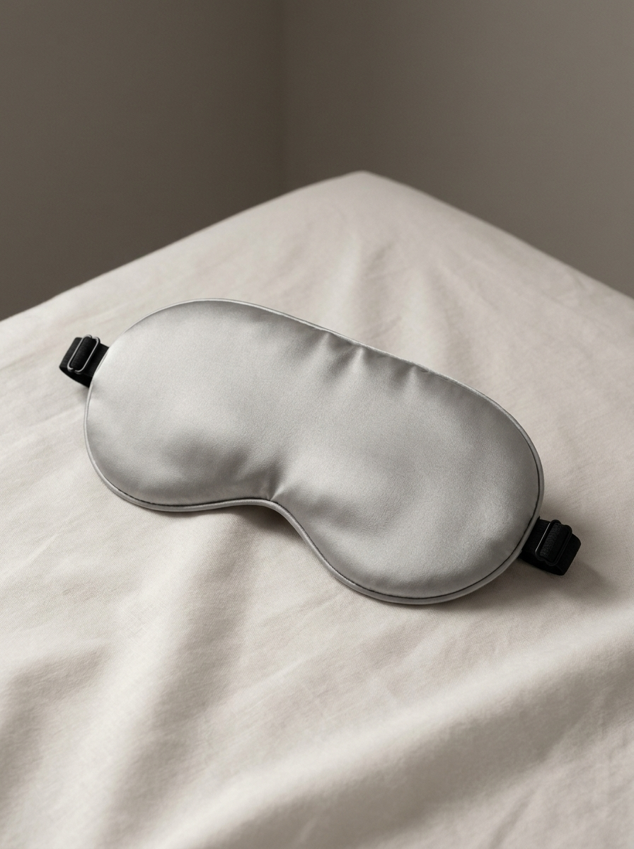 Silensea cooling sleep mask in Cloud Grey resting on a made bed