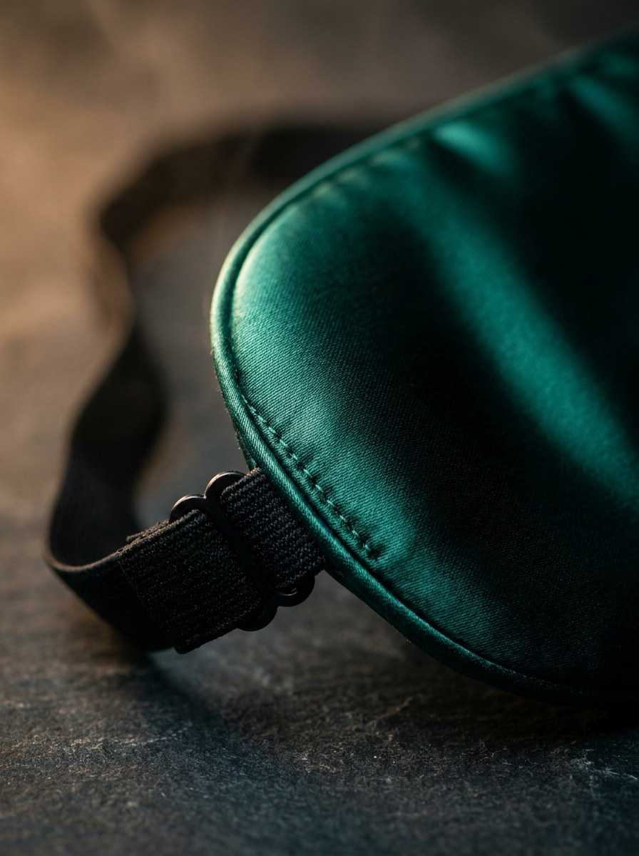 Close-up of the stitched edge and adjustable strap buckle on the Forest Green sleep mask