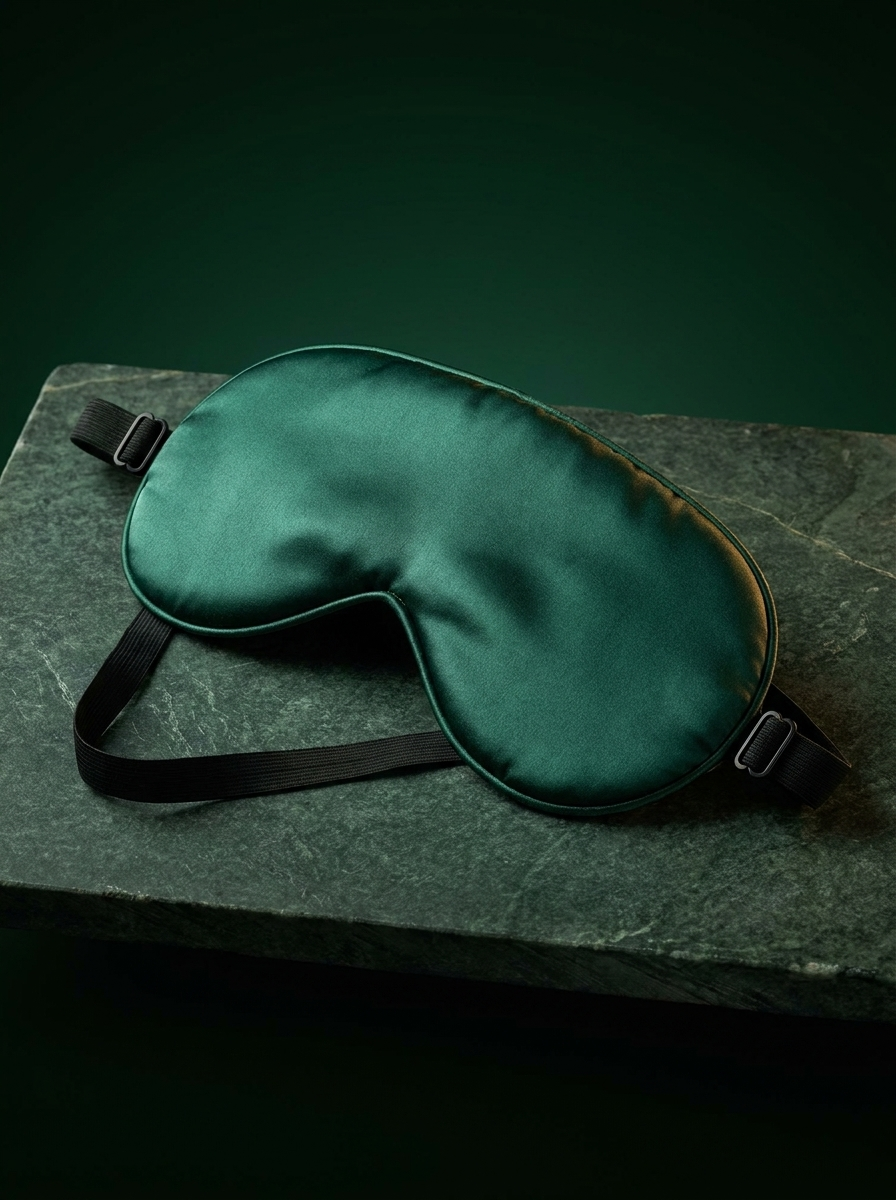 Silensea cooling sleep mask in Forest Green on a green stone slab